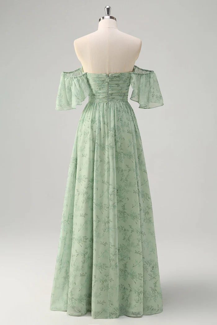 Vestido Weitese Dusty Sage Línea A Hombros Descubiertos Estampado Maxi Vestido de Fiesta Sin Mangas Vestido de Noche con Abertura 