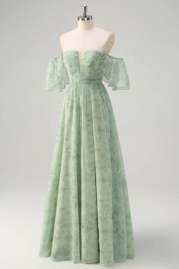 Vestido Weitese Dusty Sage Línea A Hombros Descubiertos Estampado Maxi Vestido de Fiesta Sin Mangas Vestido de Noche con Abertura 