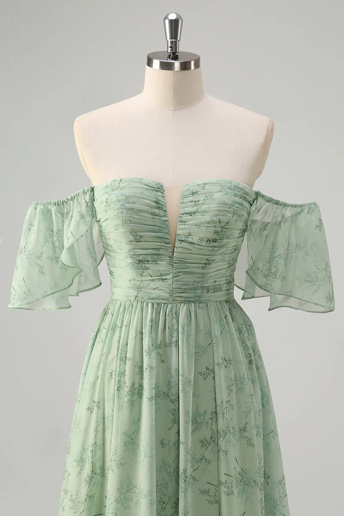 Vestido Weitese Dusty Sage Línea A Hombros Descubiertos Estampado Maxi Vestido de Fiesta Sin Mangas Vestido de Noche con Abertura 