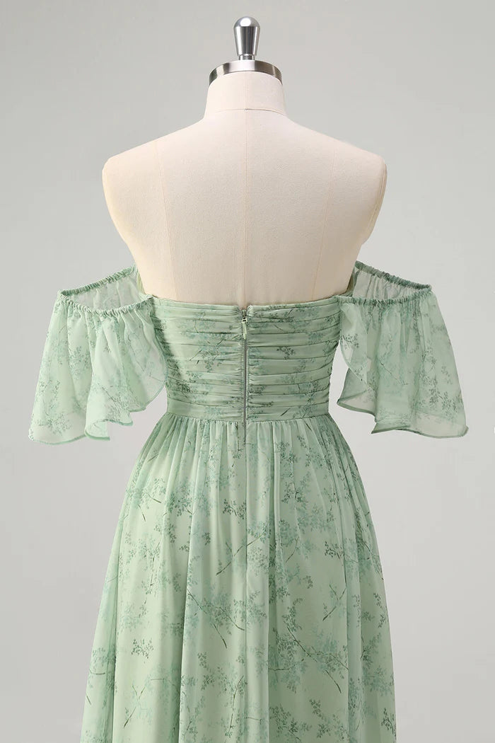 Vestido Weitese Dusty Sage Línea A Hombros Descubiertos Estampado Maxi Vestido de Fiesta Sin Mangas Vestido de Noche con Abertura 