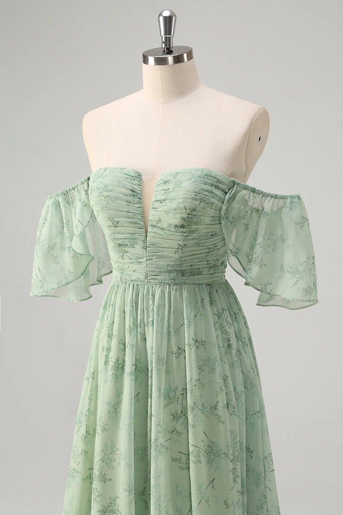 Vestido Weitese Dusty Sage Línea A Hombros Descubiertos Estampado Maxi Vestido de Fiesta Sin Mangas Vestido de Noche con Abertura 