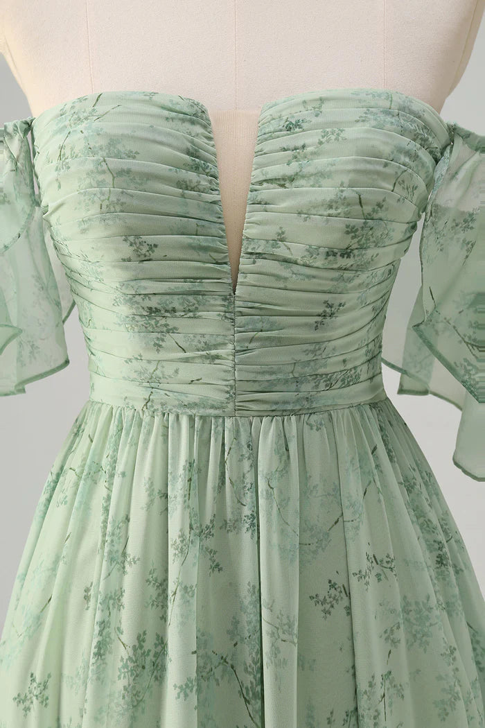 Vestido Weitese Dusty Sage Línea A Hombros Descubiertos Estampado Maxi Vestido de Fiesta Sin Mangas Vestido de Noche con Abertura 