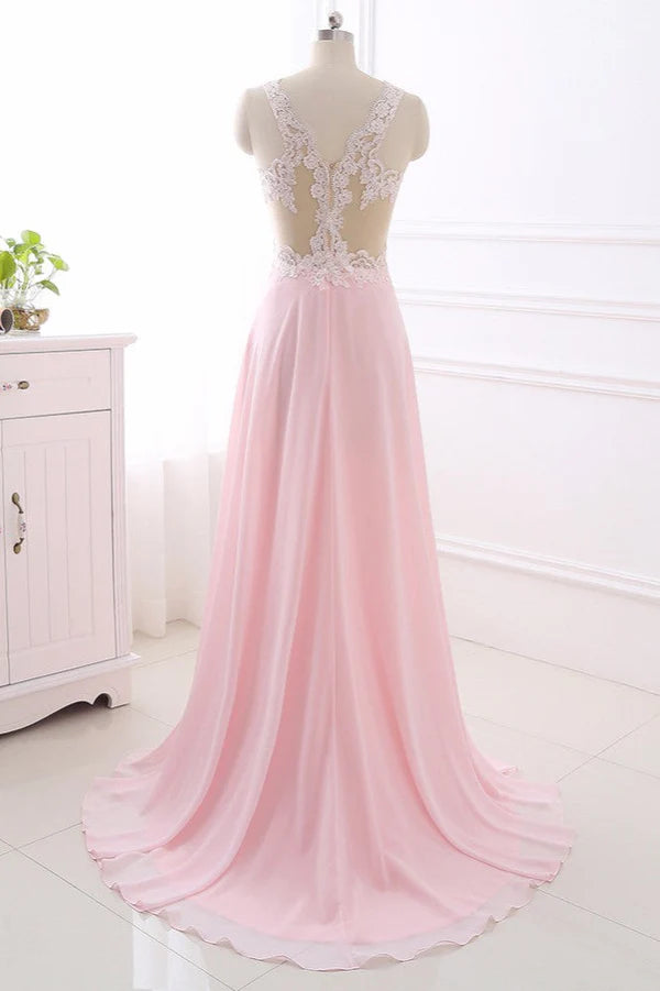 Weitese Dress Elegant A-Line V-Neck Pink Chiffon Party Dresses With Ruffles Prom Dress