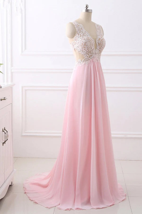 Weitese Dress Elegant A-Line V-Neck Pink Chiffon Party Dresses With Ruffles Prom Dress