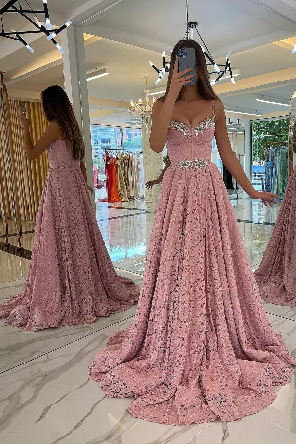Weitese Dress Elegant A-line Chapel Train Pink Lace Evening Dress Sleeveless With Beads Lace Up Prom Dress