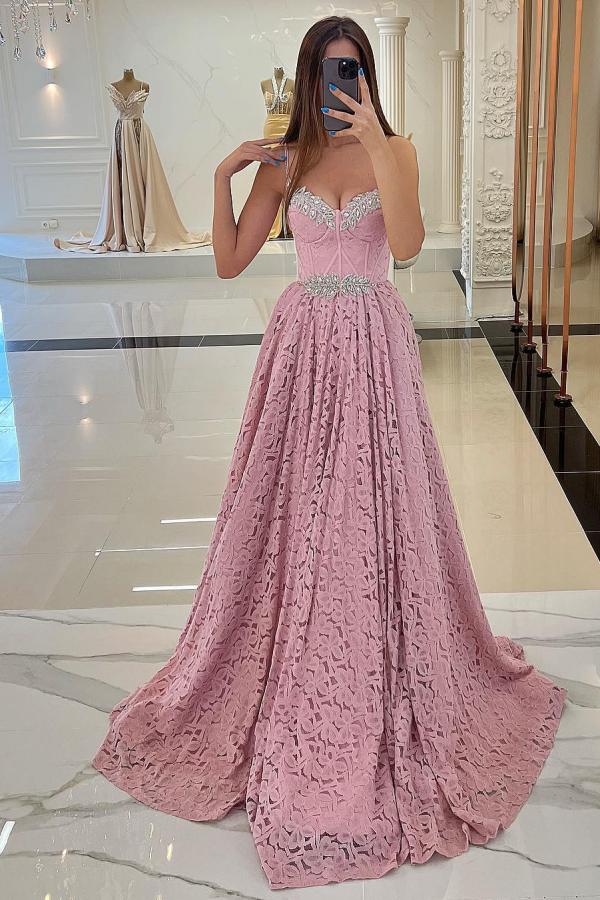 Weitese Dress Elegant A-line Chapel Train Pink Lace Evening Dress Sleeveless With Beads Lace Up Prom Dress