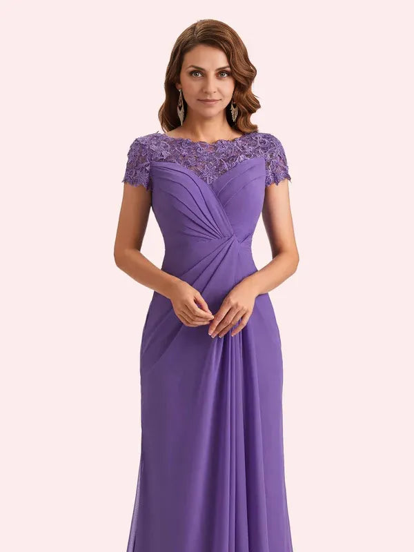 Weitese Dress Elegant A-line Chiffon Short Sleeves Jewel Long Mother of the Brides Dresses With Applique