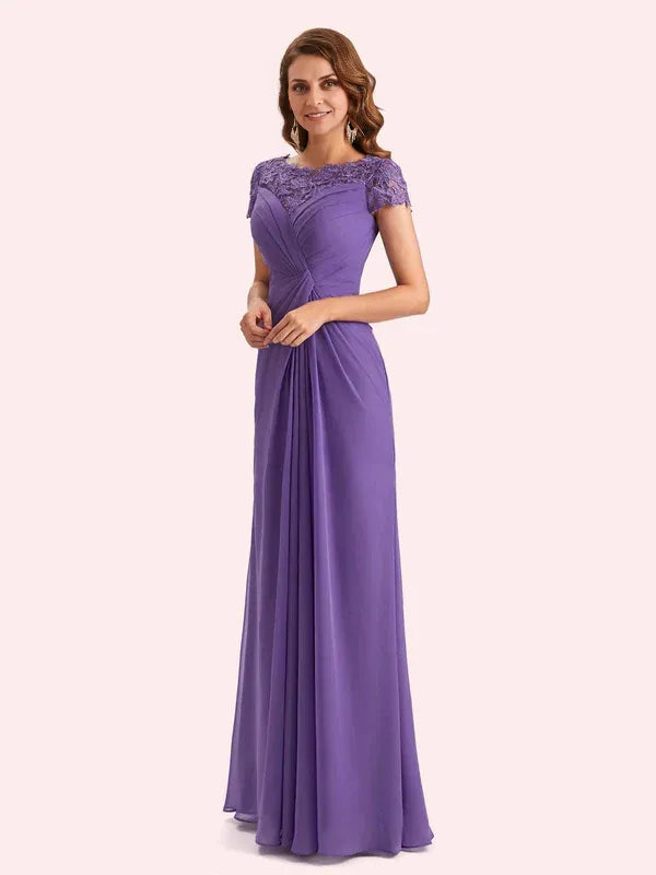 Weitese Dress Elegant A-line Chiffon Short Sleeves Jewel Long Mother of the Brides Dresses With Applique