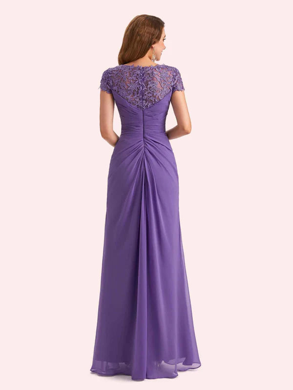 Weitese Dress Elegant A-line Chiffon Short Sleeves Jewel Long Mother of the Brides Dresses With Applique