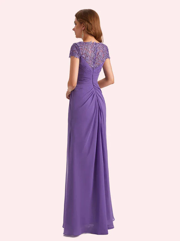 Weitese Dress Elegant A-line Chiffon Short Sleeves Jewel Long Mother of the Brides Dresses With Applique