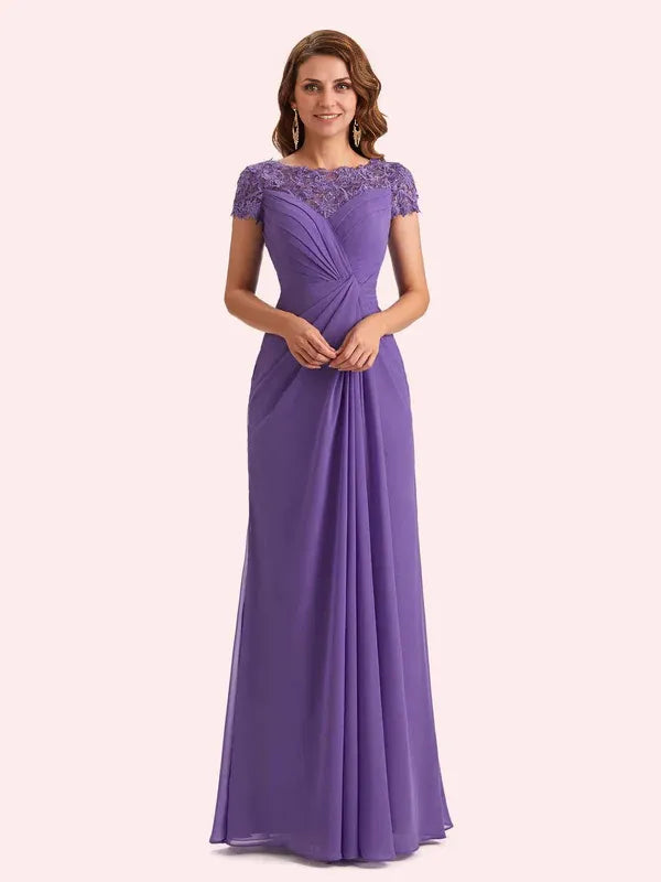 Weitese Dress Elegant A-line Chiffon Short Sleeves Jewel Long Mother of the Brides Dresses With Applique