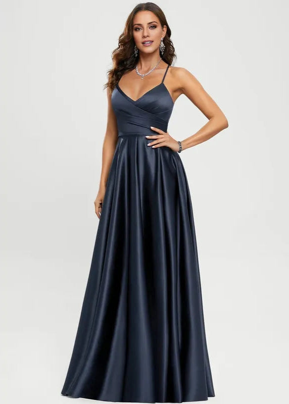 Weitese Dress Elegant A-line V-Neck Floor-Length Satin Prom Dresses Backless Sleeveless Solid Color Maxi Dress