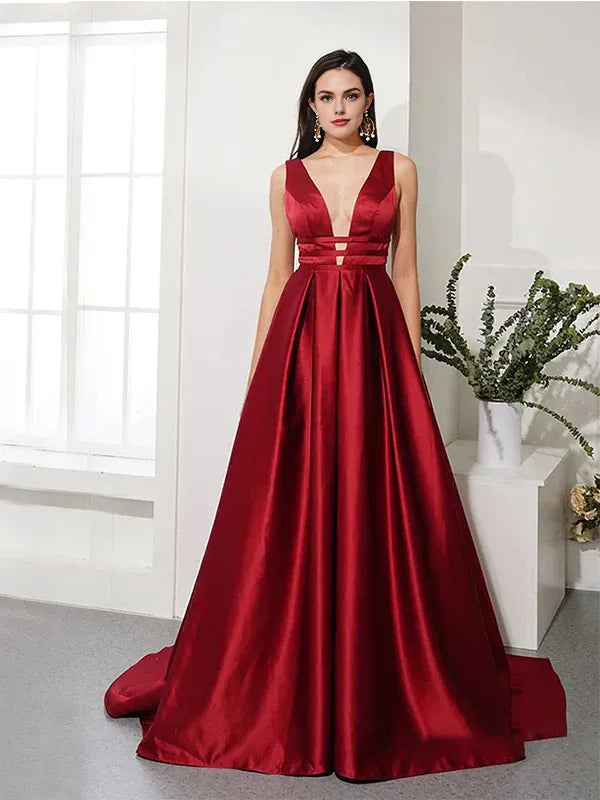 Weitese Dress Elegant A-line V-neck Satin Red Prom Dresses Evening Dresses Party Dress