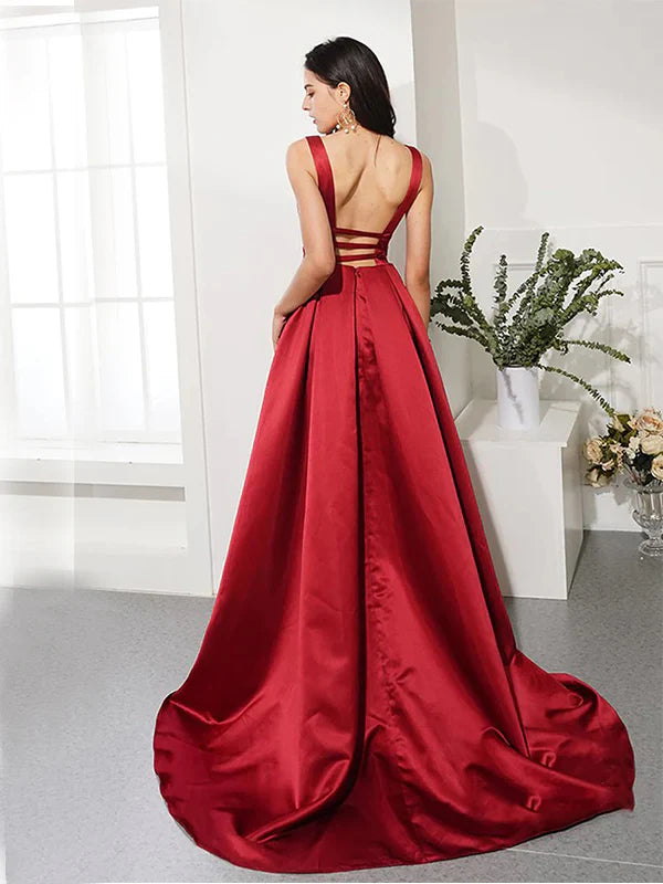 Weitese Dress Elegant A-line V-neck Satin Red Prom Dresses Evening Dresses Party Dress