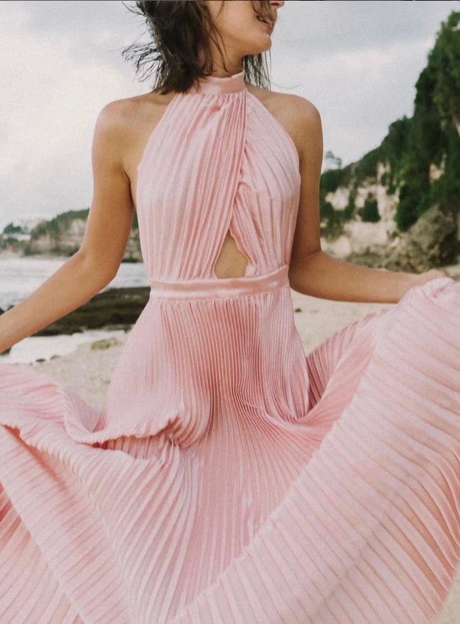 Weitese Dress Elegant A Line Halter Light Pink Satin Long Prom Dress Evening Dress Party Dress