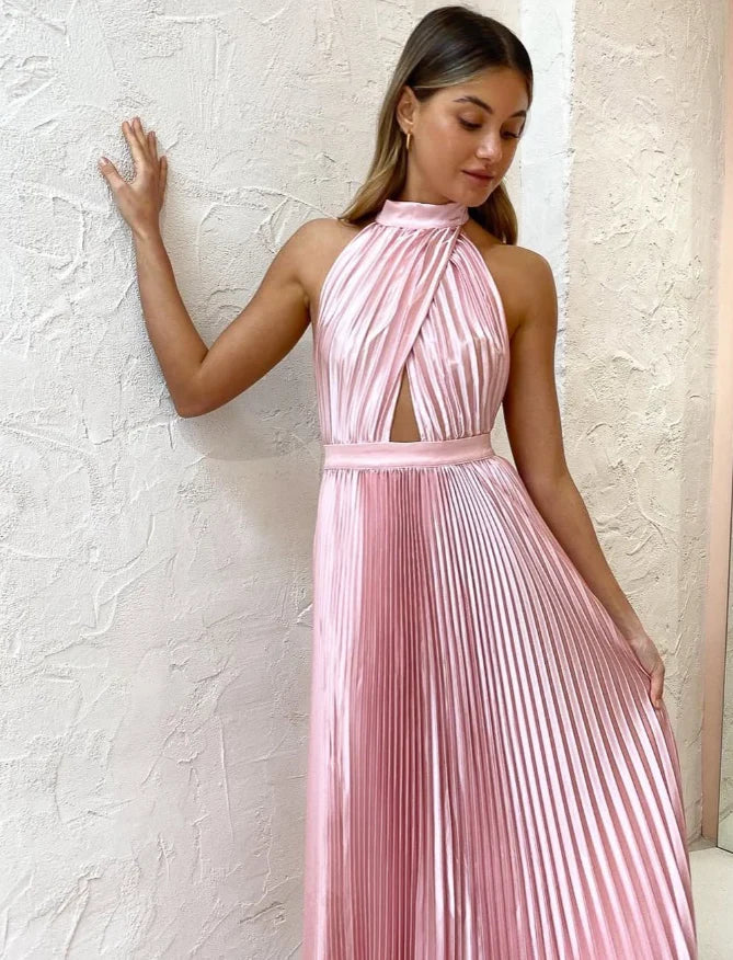 Weitese Dress Elegant A Line Halter Light Pink Satin Long Prom Dress Evening Dress Party Dress