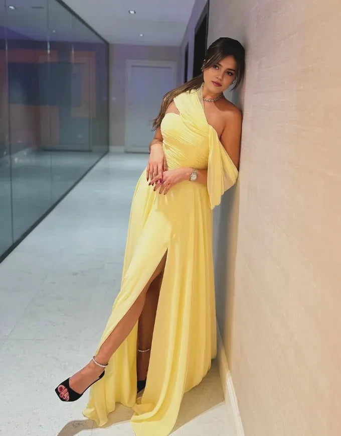 Weitese Dress Elegant A Line Off the Shoulder Yellow Long Prom Dress Birthday Dress With Slit Party Dress