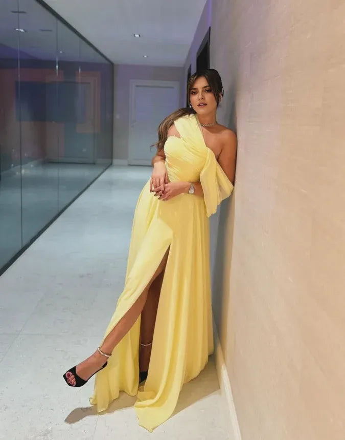 Weitese Dress Elegant A Line Off the Shoulder Yellow Long Prom Dress Birthday Dress With Slit Party Dress