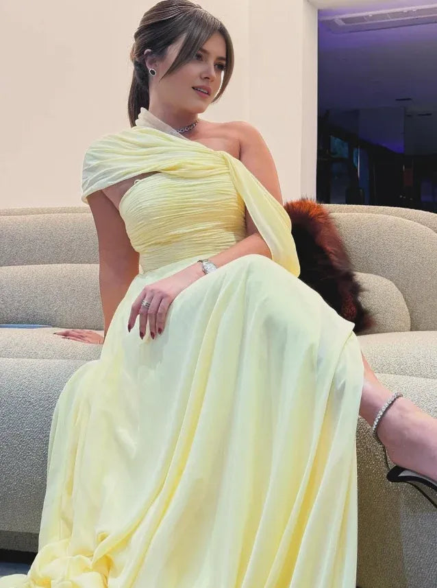 Weitese Dress Elegant A Line Off the Shoulder Yellow Long Prom Dress Birthday Dress With Slit Party Dress