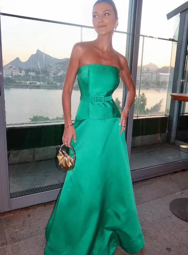 Robe Weitese élégante en satin vert, coupe trapèze, sans bretelles, longue, robe de soirée 