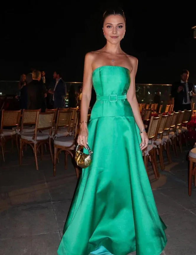 Robe Weitese élégante en satin vert, coupe trapèze, sans bretelles, longue, robe de soirée 