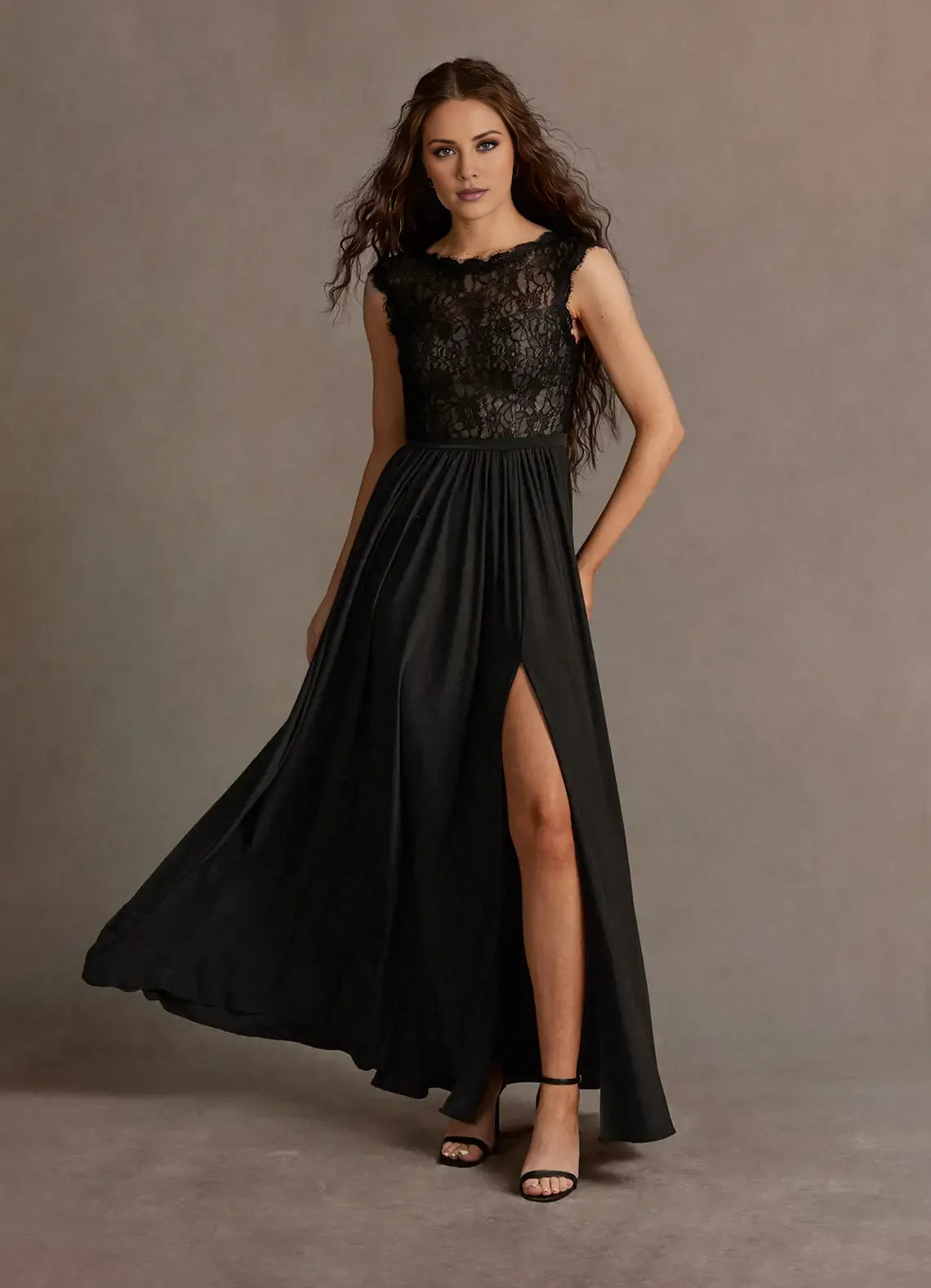 Robe Weitese élégante noire à col bateau et appliques en dentelle, robe longue sans manches avec fente et dos en V 