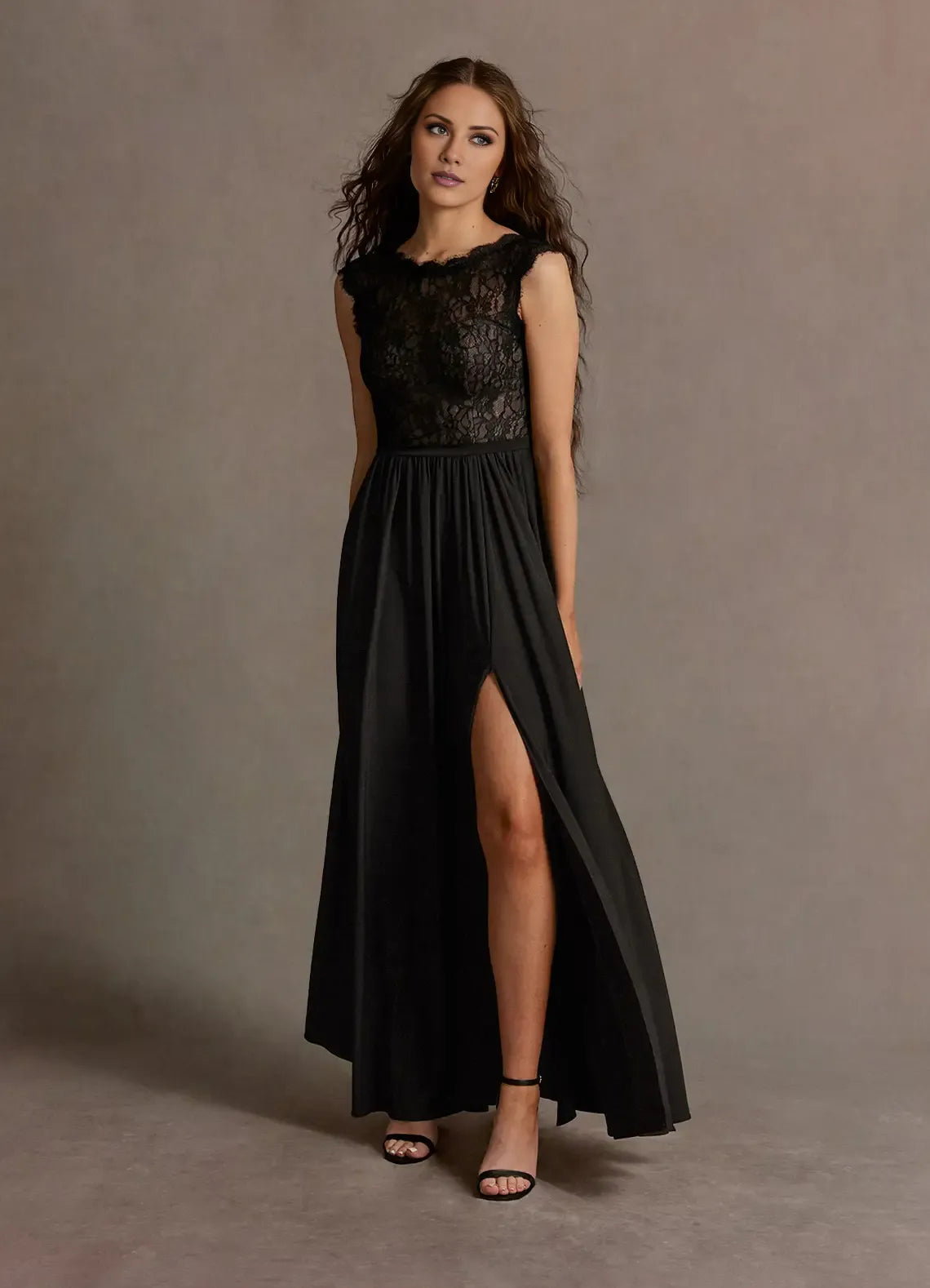 Robe Weitese élégante noire à col bateau et appliques en dentelle, robe longue sans manches avec fente et dos en V 