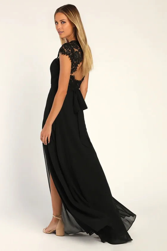 Robe Weitese élégante en dentelle noire, dos nu, robe longue, robe de soirée trapèze, manches courtes, décolleté en cœur, robe de bal fendue 