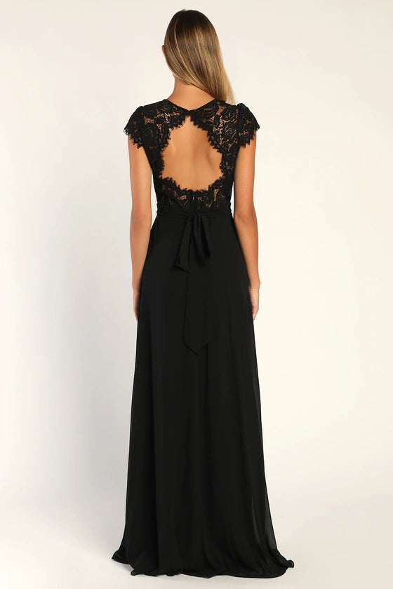 Robe Weitese élégante en dentelle noire, dos nu, robe longue, robe de soirée trapèze, manches courtes, décolleté en cœur, robe de bal fendue 