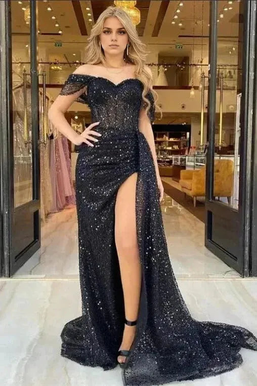 Weitese Dress Elegant Black Long Mermaid Off-the-shoulder Sequined Formal Prom Dress With Slit