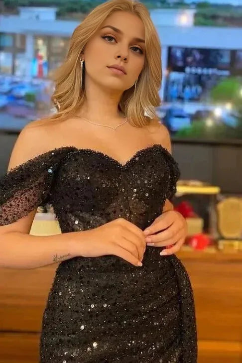 Weitese Dress Elegant Black Long Mermaid Off-the-shoulder Sequined Formal Prom Dress With Slit