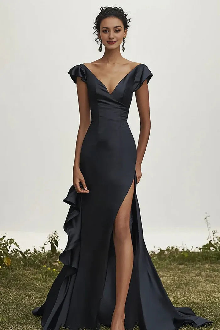 Robe Weitese élégante en satin noir à col en V et volants 