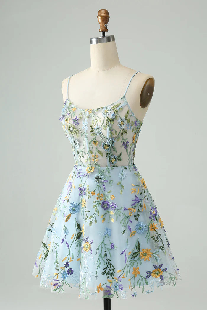 Weitese Dress Elegant Blue Flower A Line Corset Short Homecoming Dress Embroidery Party Dress