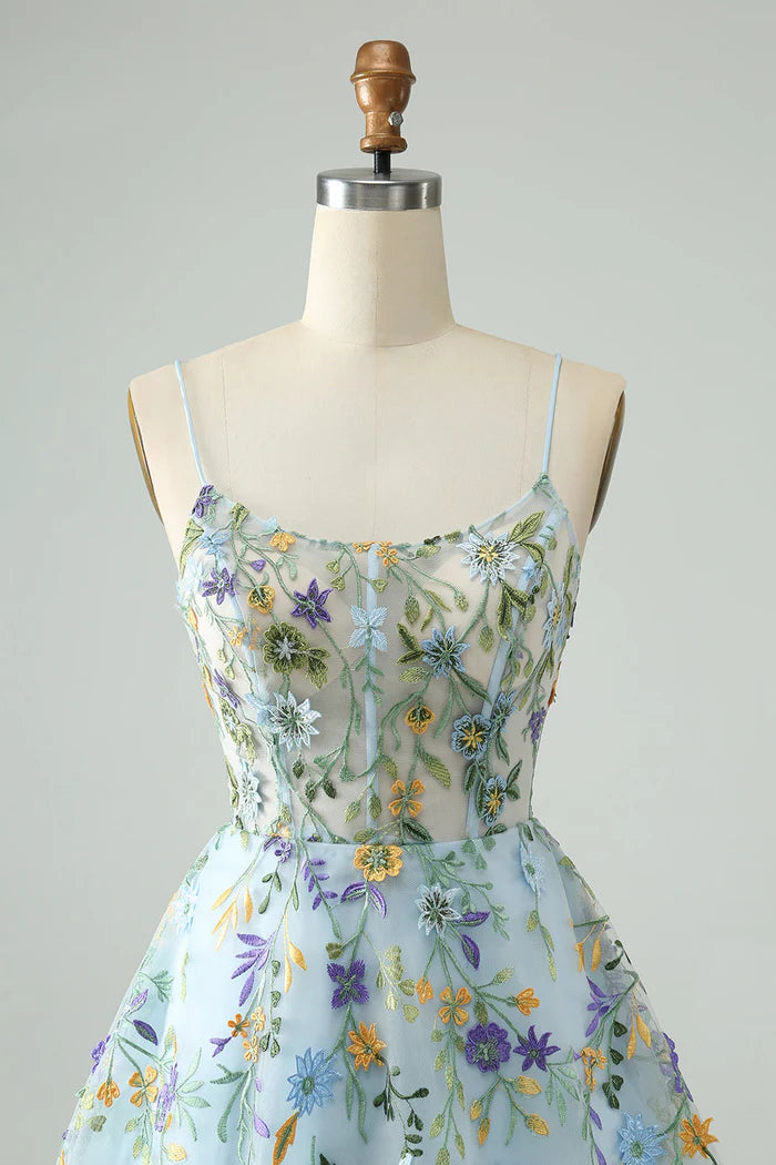Weitese Dress Elegant Blue Flower A Line Corset Short Homecoming Dress Embroidery Party Dress