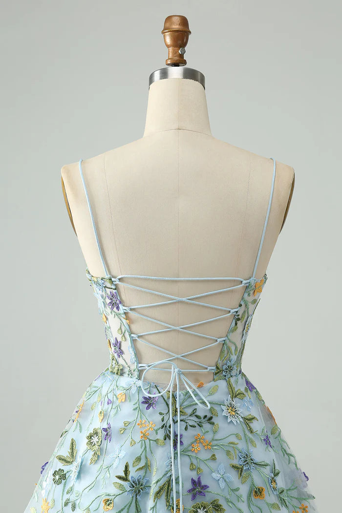 Weitese Dress Elegant Blue Flower A Line Corset Short Homecoming Dress Embroidery Party Dress