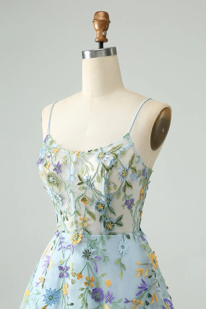 Weitese Dress Elegant Blue Flower A Line Corset Short Homecoming Dress Embroidery Party Dress