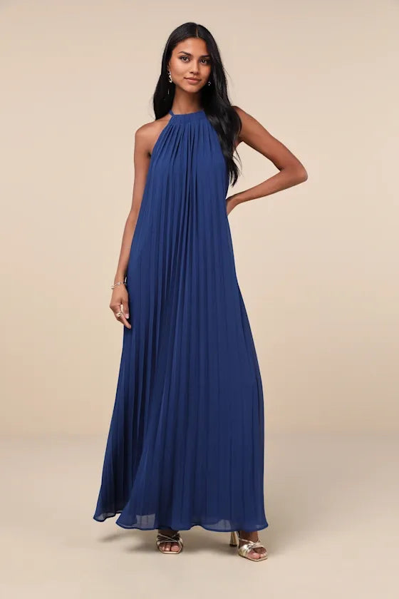 Weitese Dress Elegant Blue Pleated Chiffon Maxi Dress Evening Dress A-line Slit Sleeveless Solid Color Prom Dress