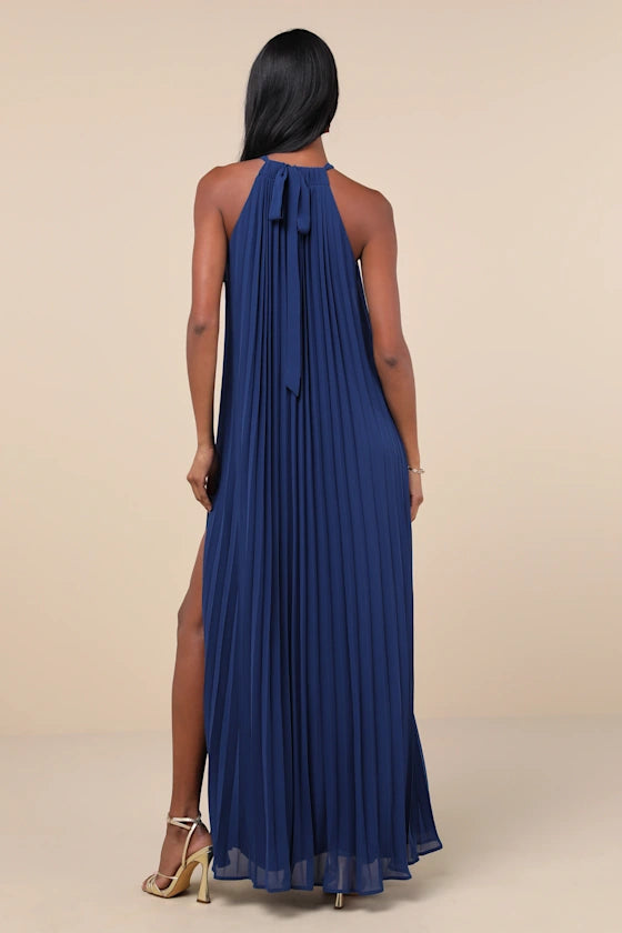 Weitese Dress Elegant Blue Pleated Chiffon Maxi Dress Evening Dress A-line Slit Sleeveless Solid Color Prom Dress
