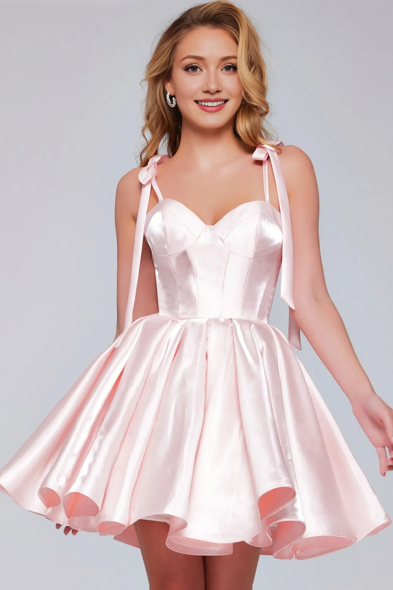 Weitese Dress Elegant Blush Satin Mini Dress Bow Strap Accents Sweetheart Neckline Flared Hem Showcasing Cute Allure Homecoming Dress