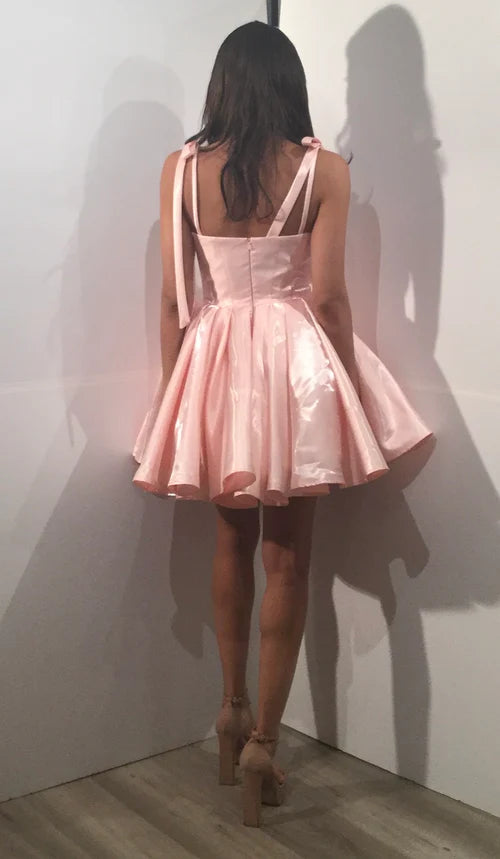 Weitese Dress Elegant Blush Satin Mini Dress Bow Strap Accents Sweetheart Neckline Flared Hem Showcasing Cute Allure Homecoming Dress