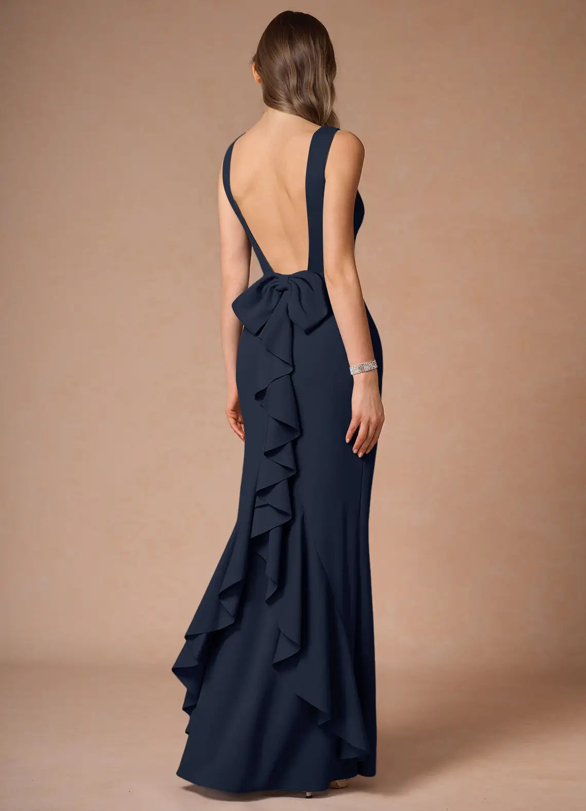 Weitese Dress Elegant Boat Neck Sleeveless Simple Backless Evening Dress Floor Length Bow knot Prom Dress