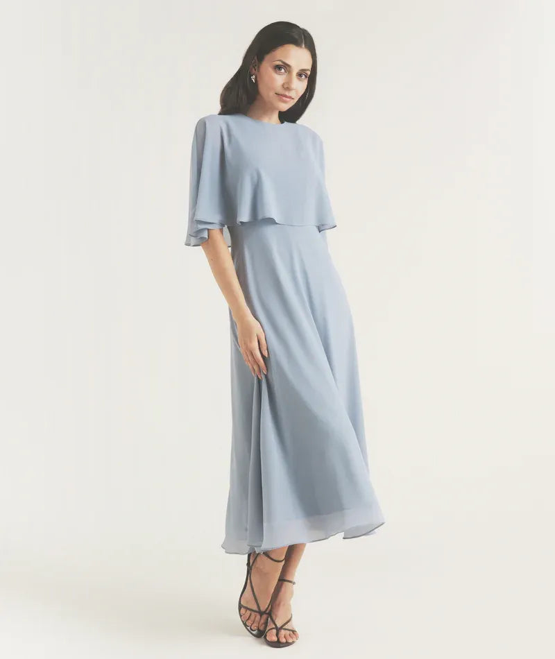 Weitese Dress Elegant Cape Overlay Chiffon Tea-Length Mother of the Bride Dress A-Line Solid Color Prom Dress