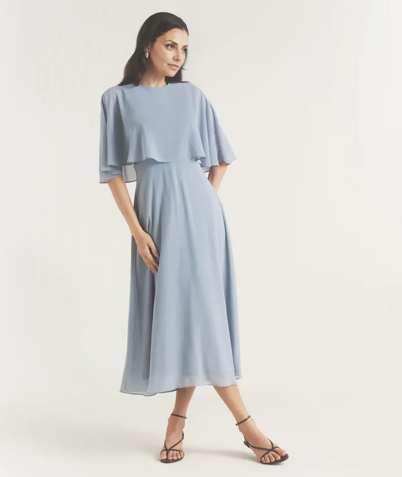 Weitese Dress Elegant Cape Overlay Chiffon Tea-Length Mother of the Bride Dress A-Line Solid Color Prom Dress