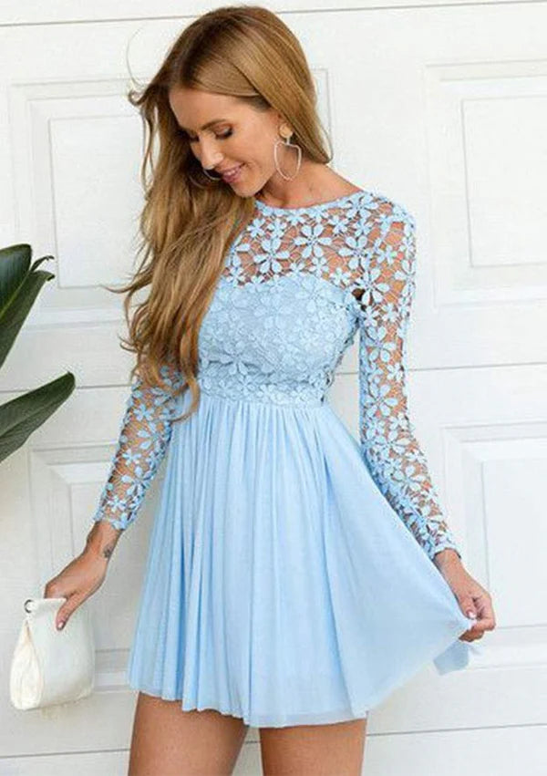 Weitese Dress Elegant Chiffon Cocktail Party Dress Lace A-line Bateau Neck Long Sleeve Homecoming Dress