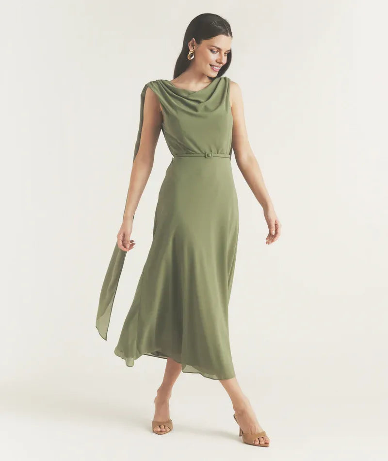 Robe Weitese élégante à col bénitier, drapée sur le devant, mi-longue, ceinturée, coupe trapèze, couleur unie, sans manches, robe de bal 