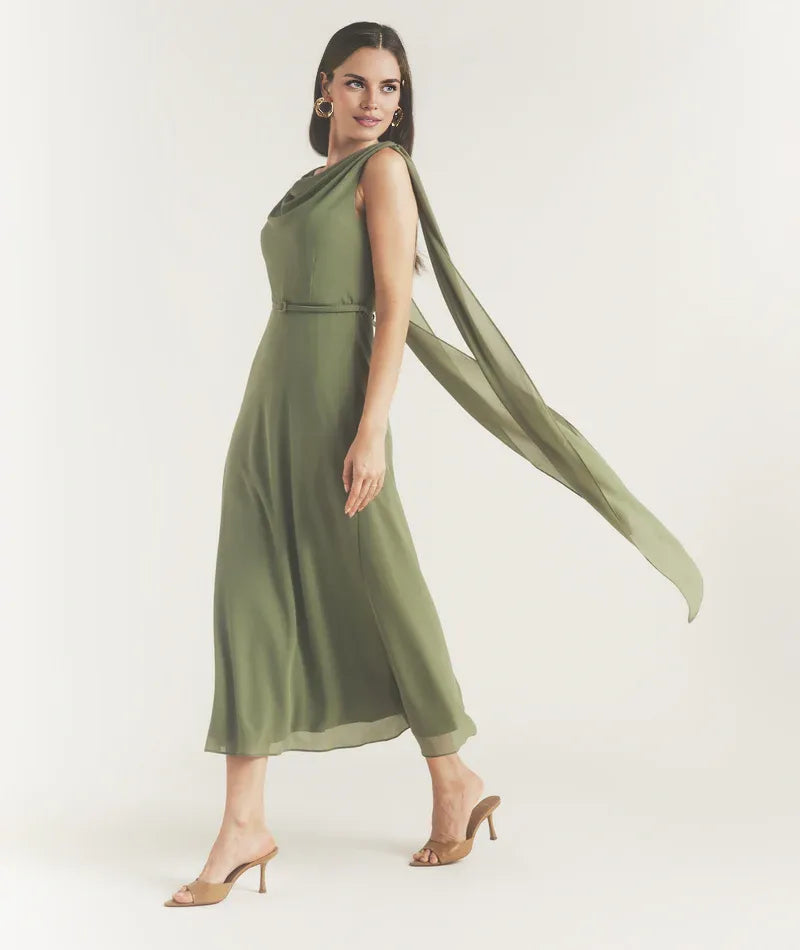 Robe Weitese élégante à col bénitier, drapée sur le devant, mi-longue, ceinturée, coupe trapèze, couleur unie, sans manches, robe de bal 