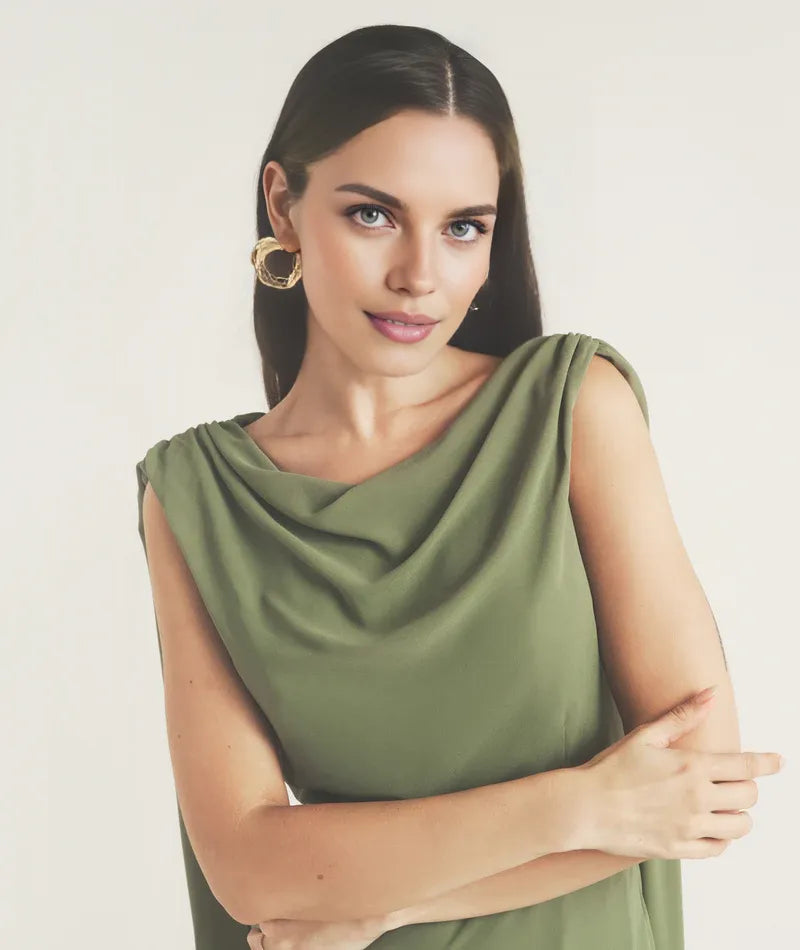 Robe Weitese élégante à col bénitier, drapée sur le devant, mi-longue, ceinturée, coupe trapèze, couleur unie, sans manches, robe de bal 