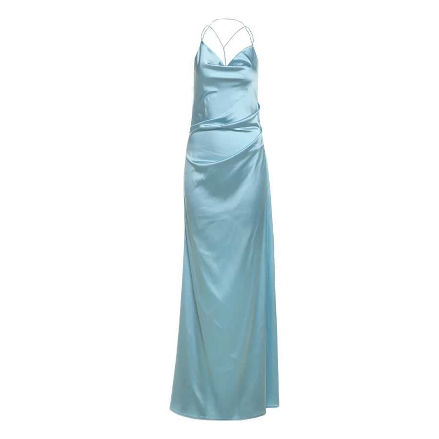 Robe Weitese élégante pour femme, dos nu, col licou, sans manches, satin, tendance estivale, couleur unie, simple, slim, maxi, moulante, robe de bal 