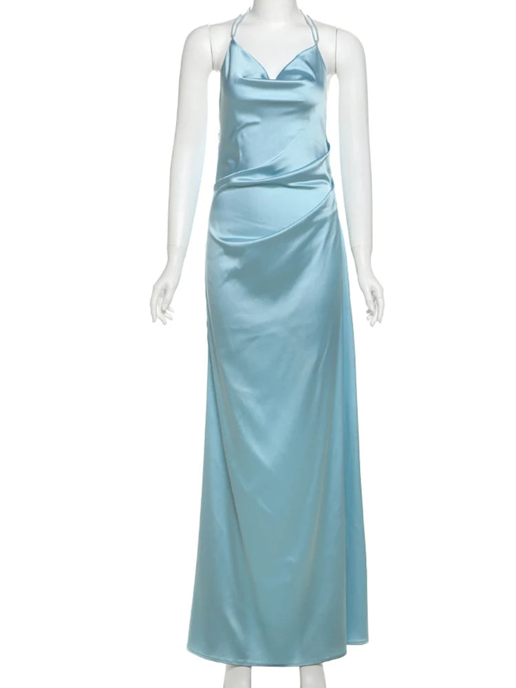 Robe Weitese élégante pour femme, dos nu, col licou, sans manches, satin, tendance estivale, couleur unie, simple, slim, maxi, moulante, robe de bal 