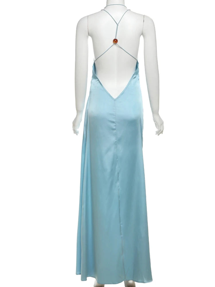 Robe Weitese élégante pour femme, dos nu, col licou, sans manches, satin, tendance estivale, couleur unie, simple, slim, maxi, moulante, robe de bal 